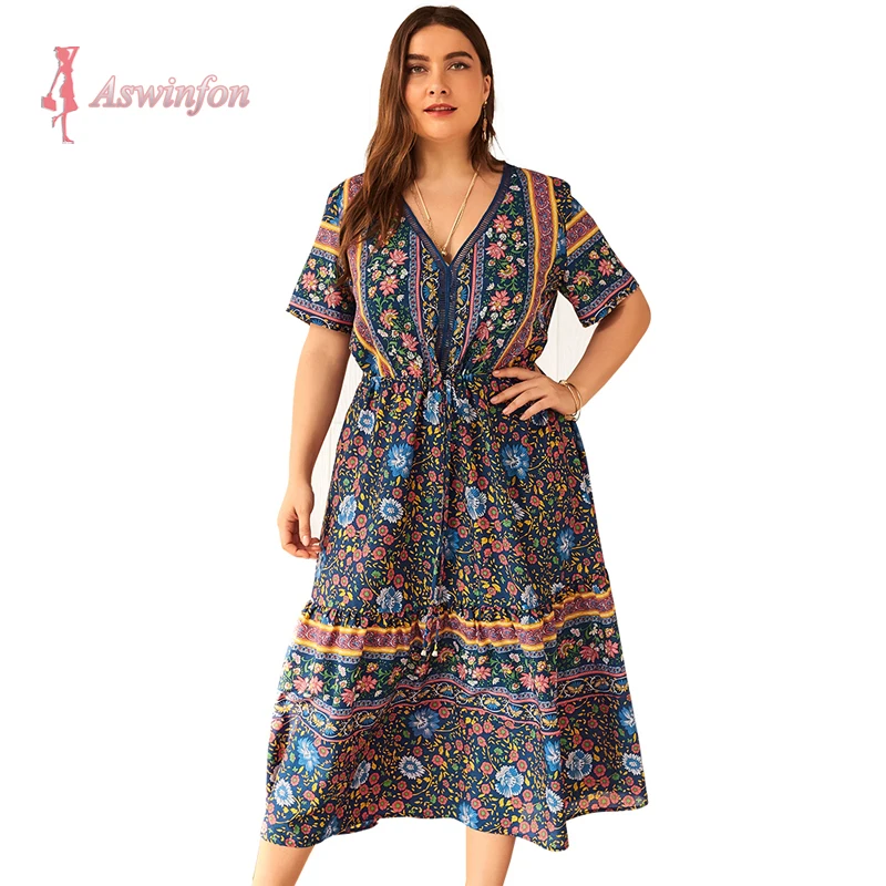 Женское платье миди с цветочным принтом V образным вырезом и коротким