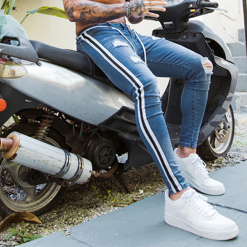 Men Skinny Jeans Biker Destroyed Frayed Fit Denim Ripped Pants Side Stripe Pencil Streetwear | Мужская одежда