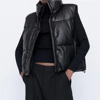 black parka vest womens waistcoat winter jacket sleeveless vest stand collar adjustable hem pu leather jacket vest women coat