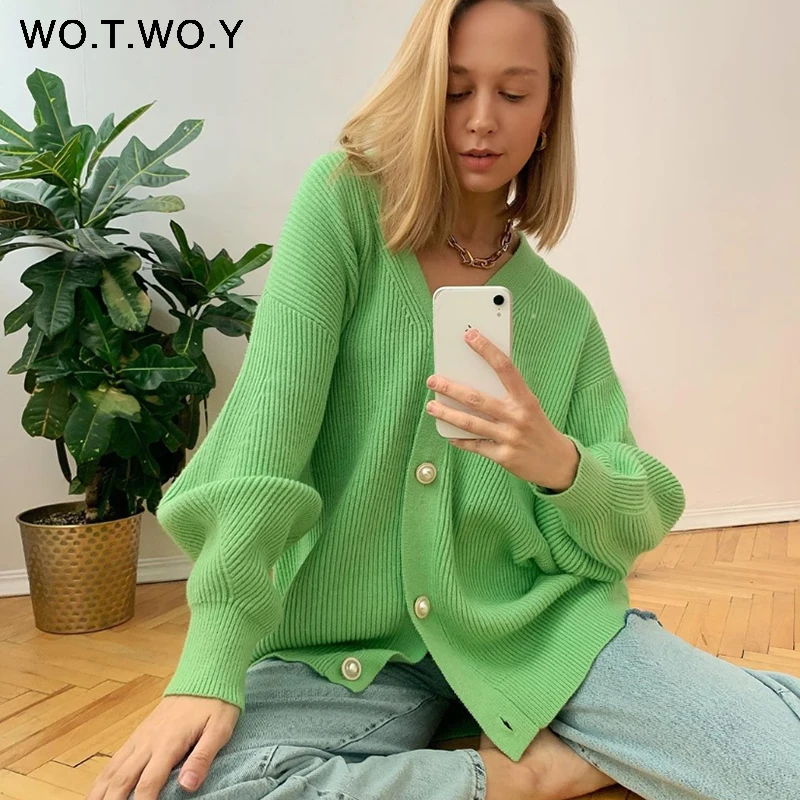WOTWOY Single Breasted Cashmere V-Neck Cardigans Women Knitted Basic Pink Sweaters Autumn Winter Femme Jumpers |