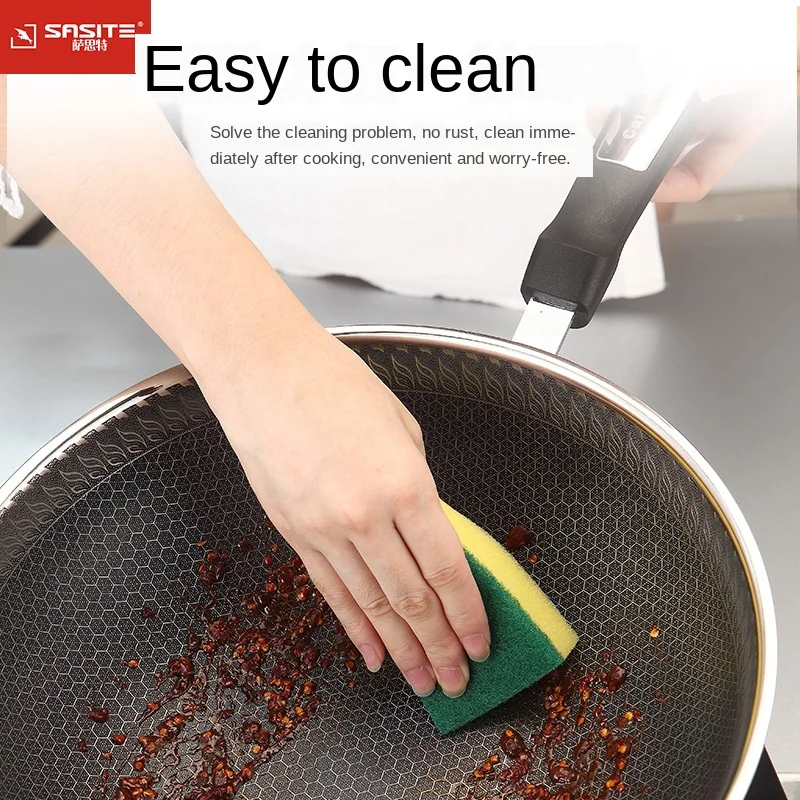 

Stainless Steel Wok Chinese Style Household Items Full Honeycomb Even Heating Flat Bottom Non-stick Durable Easy To Clean