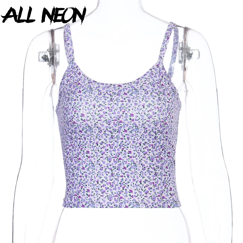 ALLNeon E girl/укороченные топы на бретельках с цветочным рисунком Y2K Модные фиолетовые