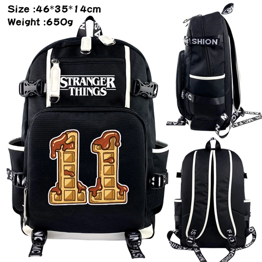 

Stranger Things Canvas Teenager Backpack Zipper Black Schoolbag Shoulders Travel Laptop Bag Cartoon Bookbag Boys Girls Rucksack