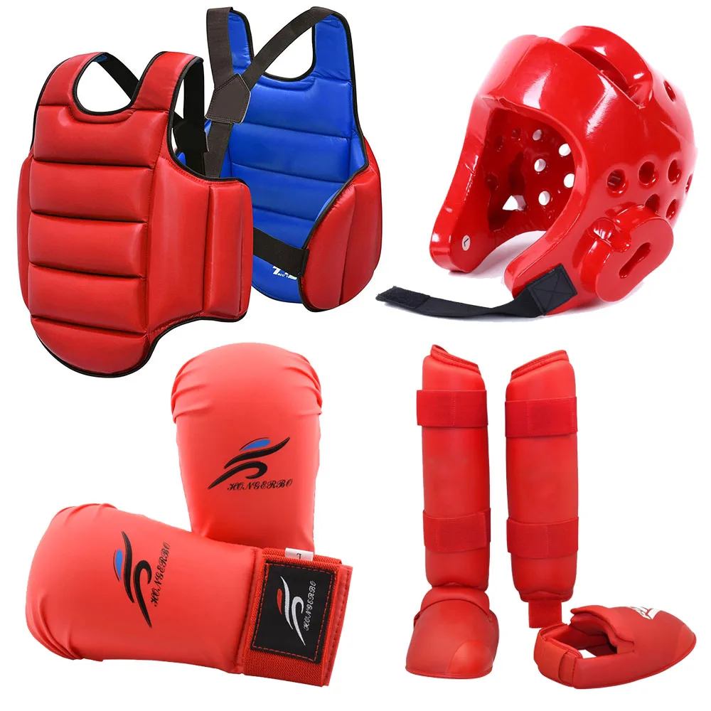 Karate Gloves Taekwondo Dobok Sparring Gear Uniform Set Helmet Shin Guards Boxing Equipment MMA Team Chest Suit Body Protection