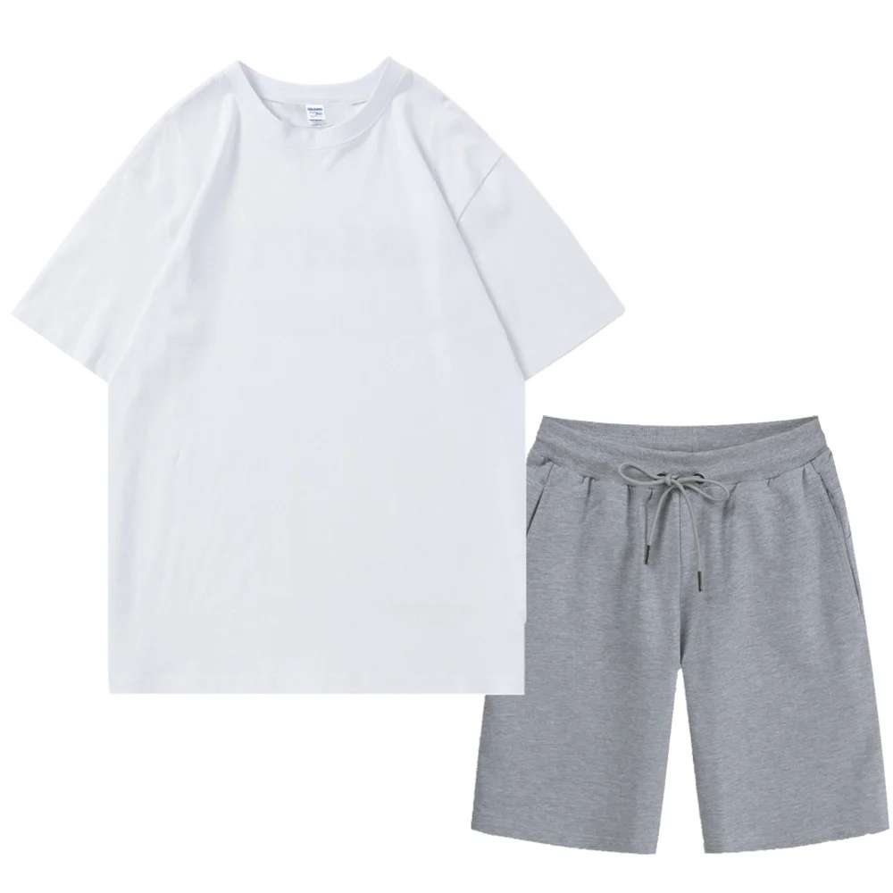 

2021 Men's Summer Round Neck Short Sleeve Shorts Set Sports Fitness Pure Color Cotton Customizable Logo Logo