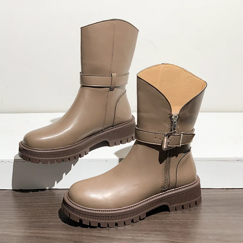 

Женские ботинки средней длины, новинка зимы 2021, женские модные короткие ботинки на платформе, женская черная нескользящая обувь на молнии, ...