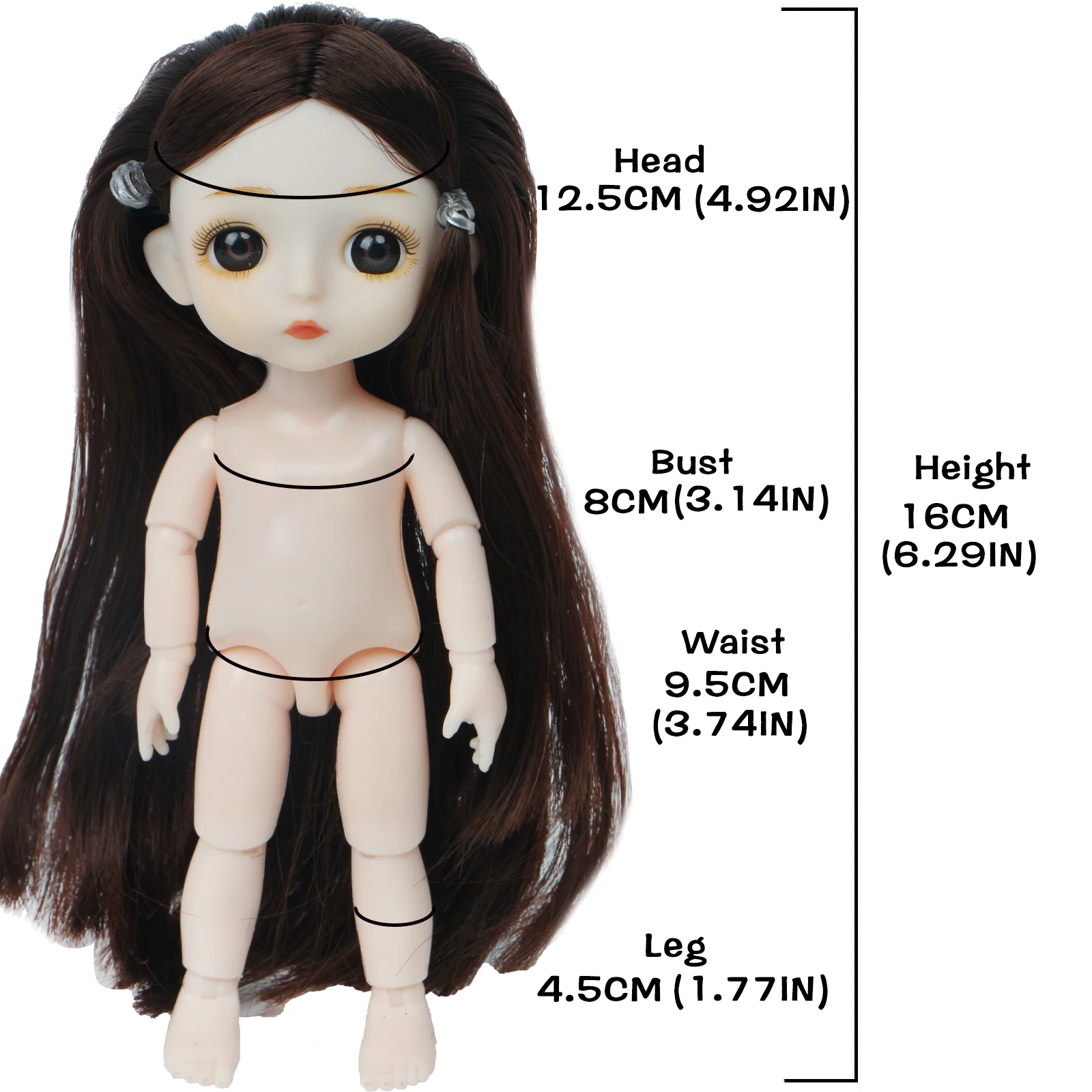Кукла 16 см с 13 подвижными шарнирами без одежды черная прямые кукольные волосы в