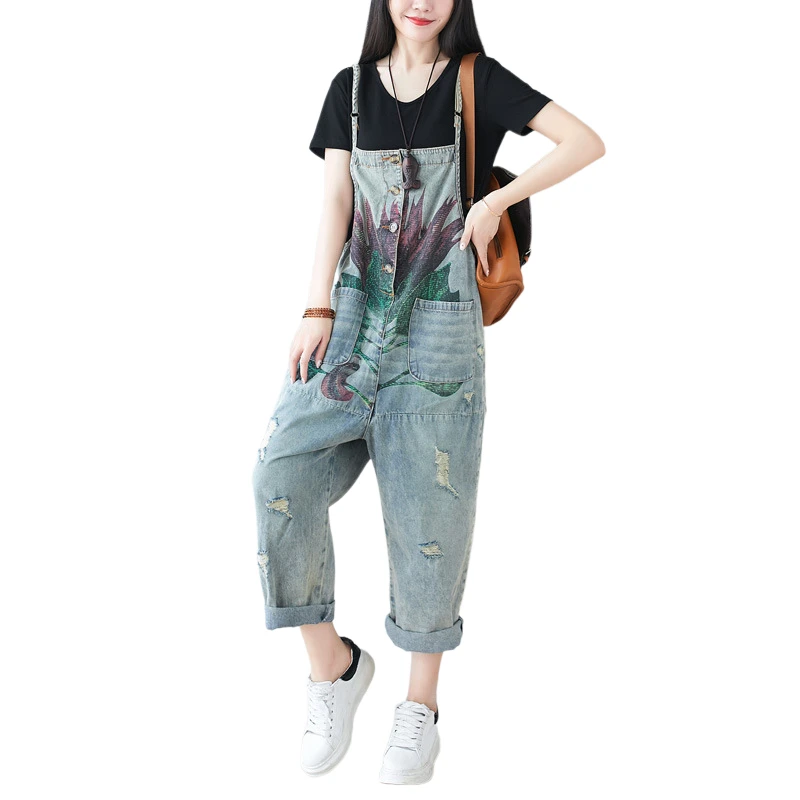 

New Style Retro Jeans Suspenders Large Size Loose Hanging Crotch Vintage Worn Holes Jumpsuits Birthday Outfits For Women