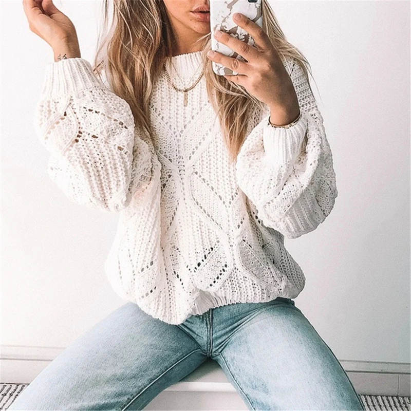 

Autumn & Winter Women Solid Color Sweater Round Neck Lantern Sleeve Knitted Pattern Pullover Thick Knitwear Outfits 2020 New Hot