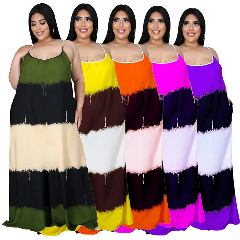 

2021 New Summer Women Sexy Sling Dress Ladies Contrast Color Tropical Dresses Plus Size Casual Africa Clothing Summer Sundress