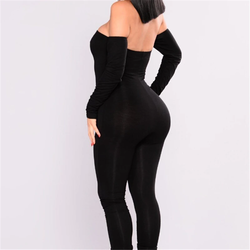 

Fashion Hot Sale Sexy Jumpsuit Ladies Off Shoulder Party Rompers Black Jumpsuit Women Long Sleeve Romper Skinny Jumpsuits