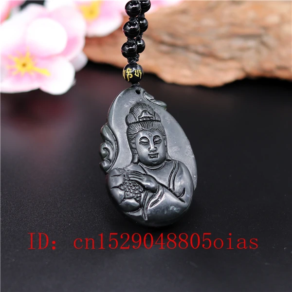 Натуральный черный зеленый китайский нефрит Гуаньинь кулон бусины ожерелье