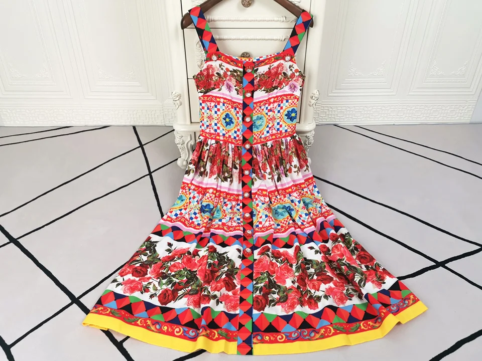 

Женское винтажное платье на пуговицах, дизайнерское Элегантное повседневное платье на бретельках с принтом, лето