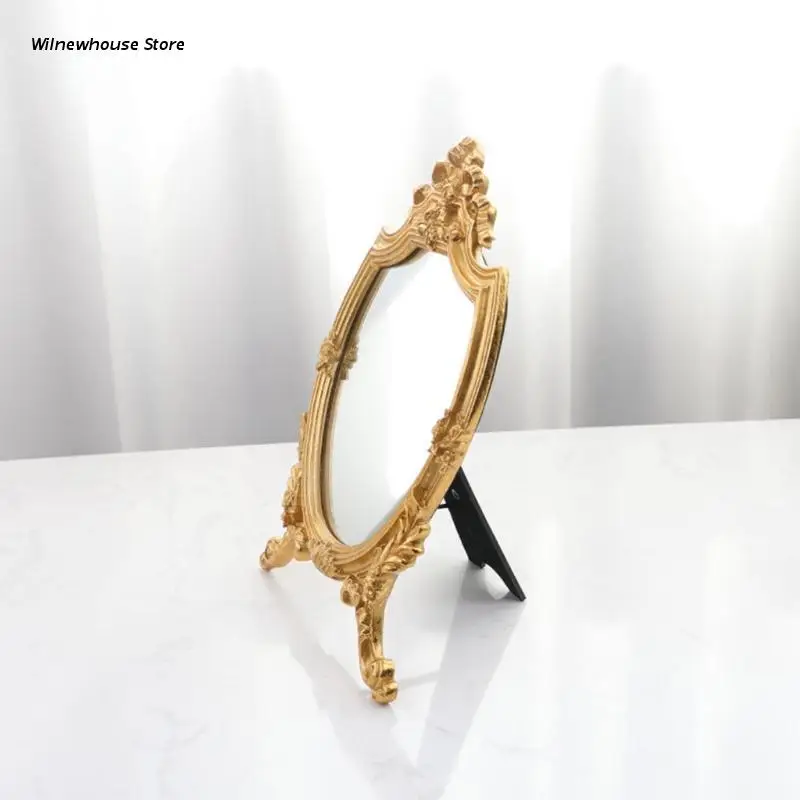 

F62A Antique Decorative Makeup Mirror Vintage Carved Cosmetic Mirror w/ Golden Frame