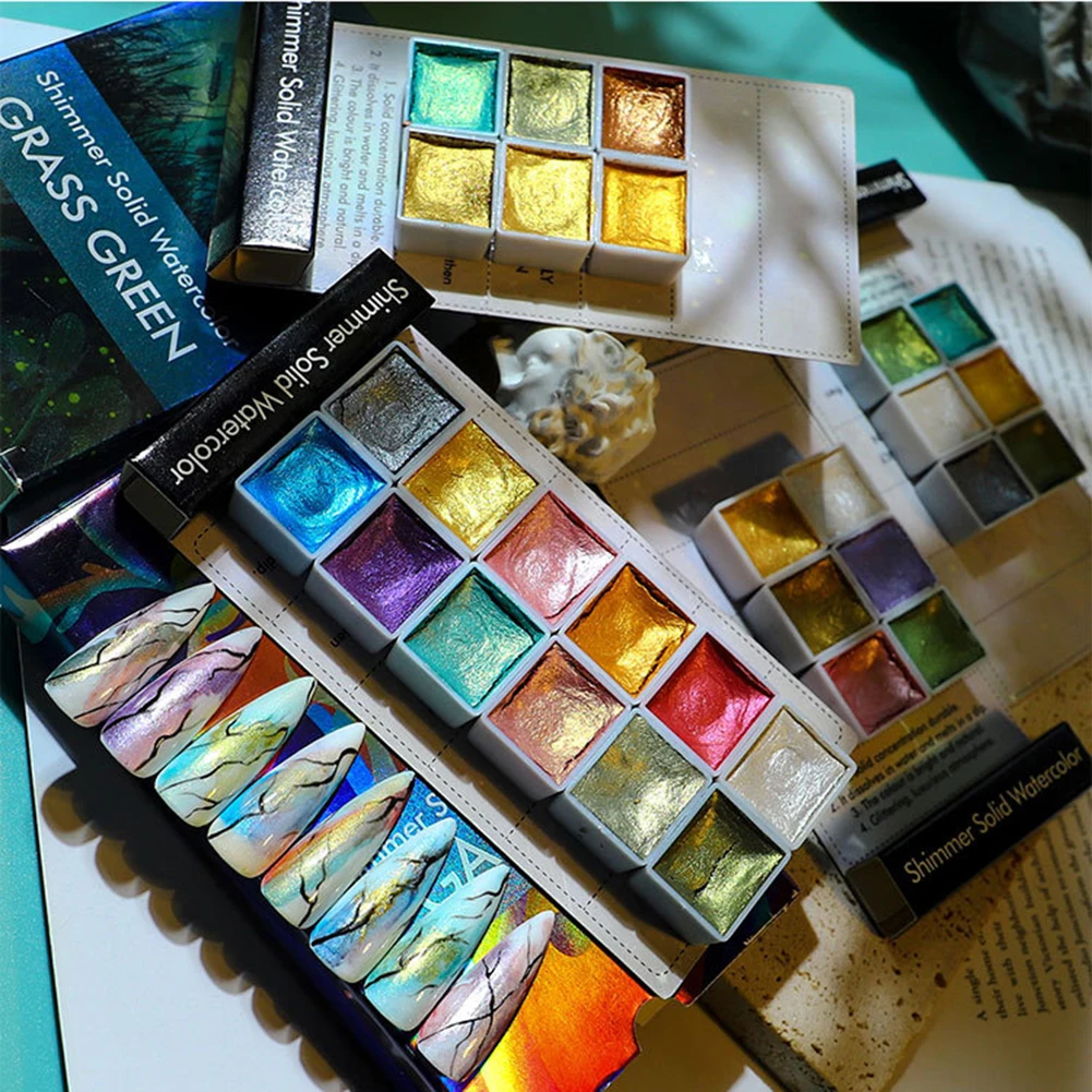 

6/12pcs Nail Art Pigment Set Golden Painting Watercolor Pearl Charming Marble Stone Glitter Powder Marbling Shimmer Solid Dust