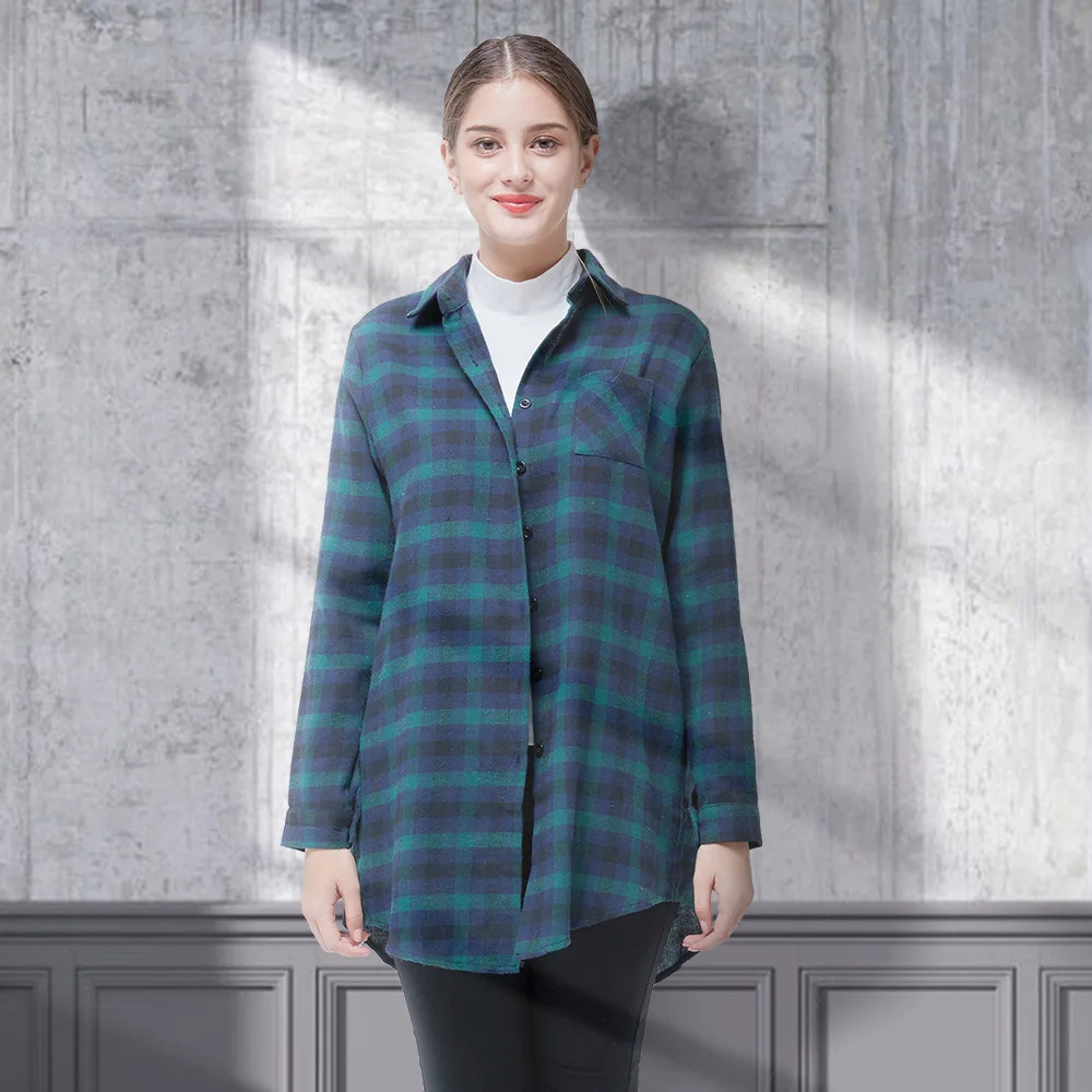 

Plaid Shirt Women Blouses Tops Mid-long Warm Button Loose Spring Woman Turn Down Collar Fashion Long Sleeve Plus Size