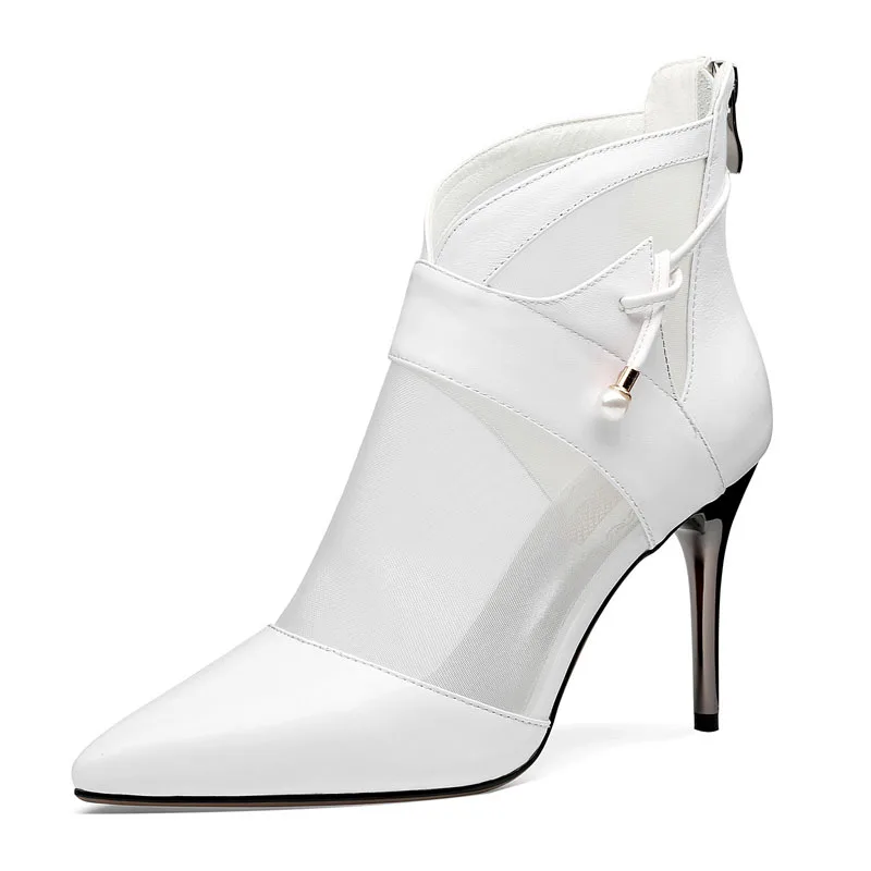 

New leather women's shoes in spring 2020 black white transparent gauze sexy pointy stiletto boots