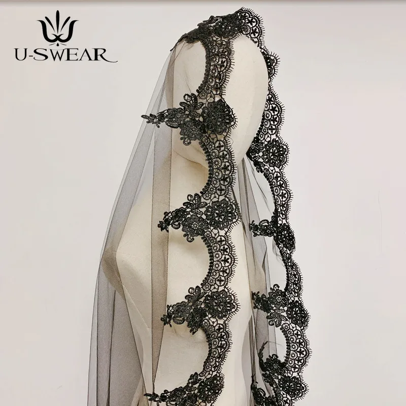 Однослойная кружевная мусульманская Фата черная для невесты в арабском стиле