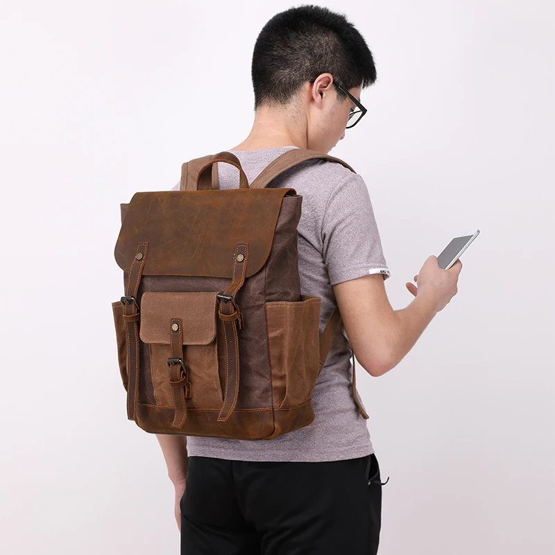 

Nesitu Highend New Army Green Coffee Grey Cyan Crazy Horse Leather Wax Canvas 15.6'' Laptop Women Men Backpack Travel Bag M0011