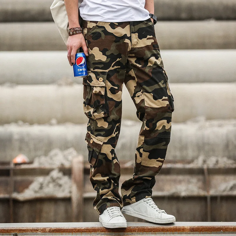 Khaki camo Брюки-карго в стиле милитари, мужские камуфляжные тактические штаны, армейский Стиль, боевая одежда, мужские беговые штаны с несколькими карманами, камуфляжные брюки - Цвет: Khaki camo