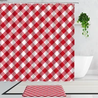 red and white lattice geometric fabric shower curtains simple art polyester bathroom decorative curtain set non slip carpet mat