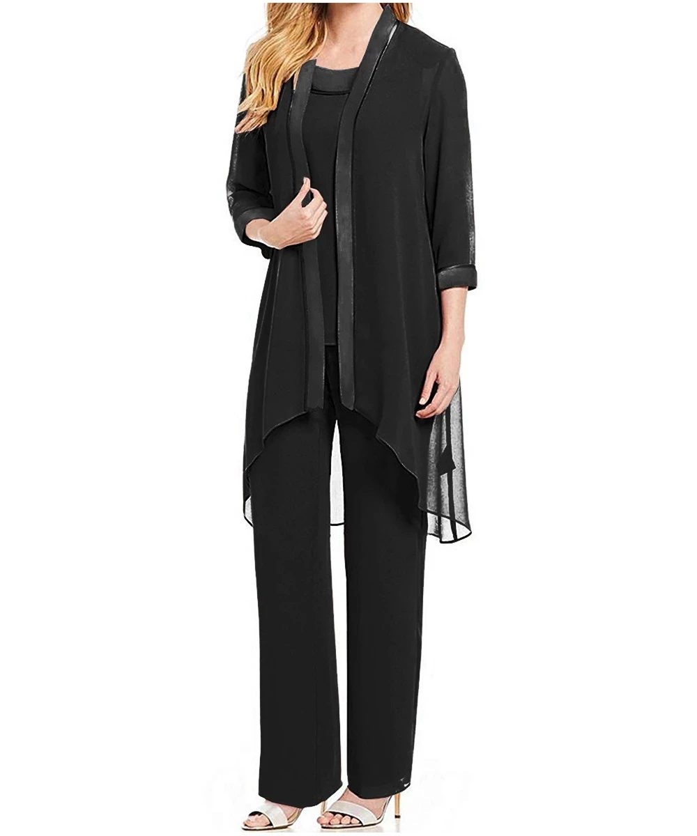 

Black Mother Of The Bride Dresses Sheath Floor Length Chiffon With Jacket Pants Suit Long Groom Mother Dresses For Weddings