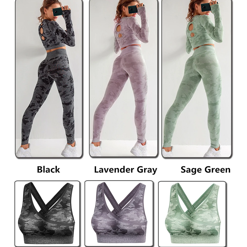 

3pc/Set Sports Suits Seamless Yoga Set Women Camo Fitness Clothing Gym Leggings Padded Push-up Sports Bra Long Sleeve Crop Top