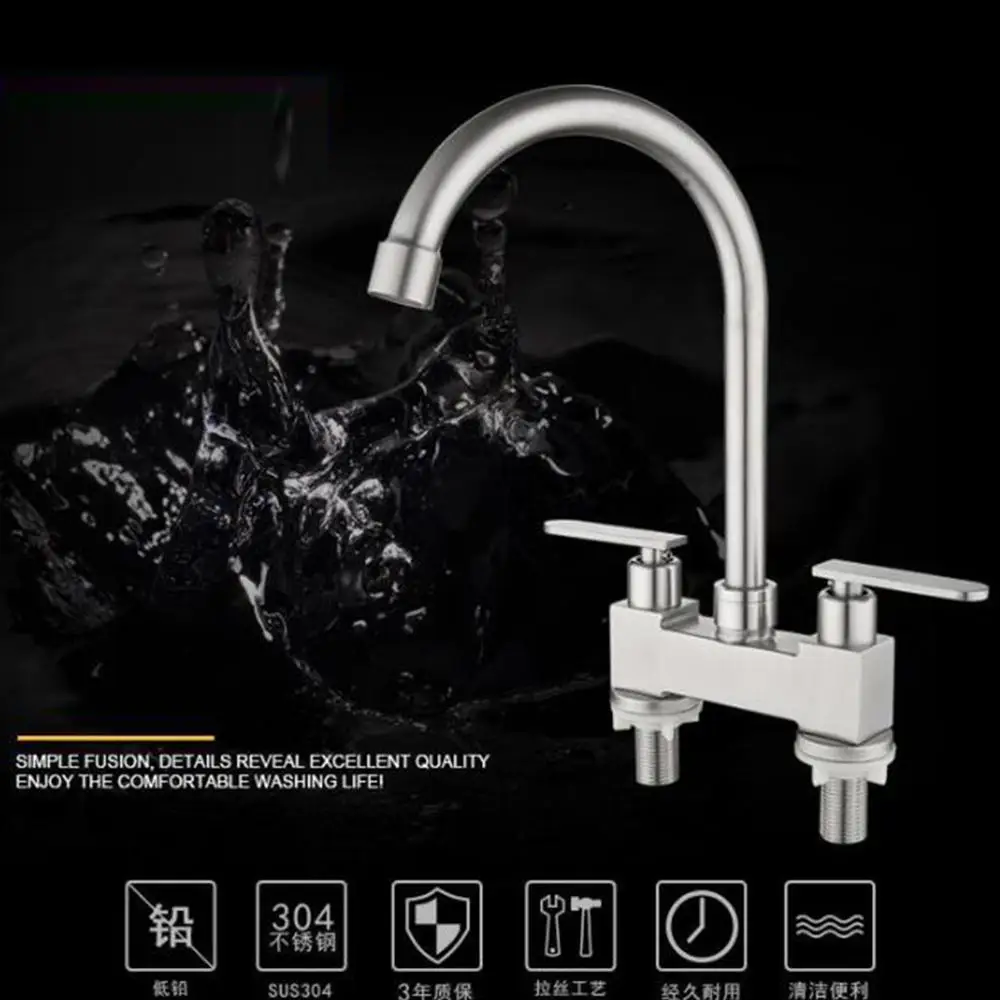 

Brushed Bathroom Wash Basin Tap Double Switch Thick Chassis 304 Stainless Steel Double Hole Faucet Mixer Hot and Cold
