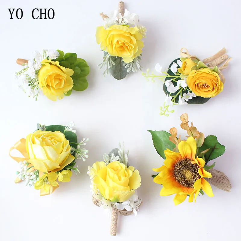 YO CHO искусственные подсолнухи жених бутоньерка Buttonhole желтая Роза для мужчин