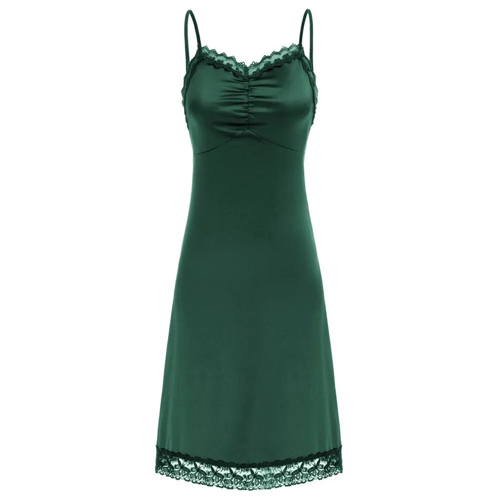 

Kate Kasin Women Ruched Full Slip Dress Comfy Spaghetti Strap V-Neck Satin Dress Suspenders Summer Lady Lace Bottoming Dress