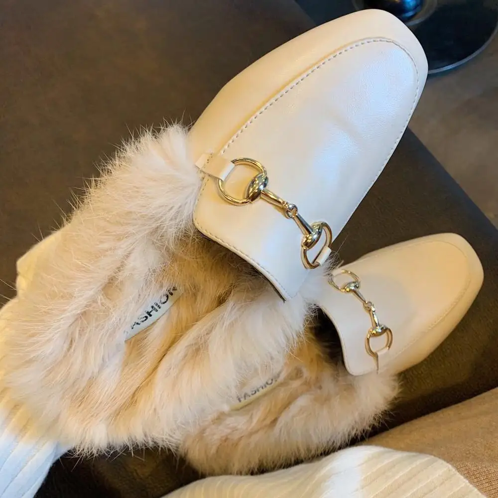 Женские меховые мюли без застежки на низком каблуке с квадратным носком теплая