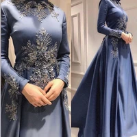 2020 arabic muslim 3d floral appliques evening dresses beaded long sleeves prom dresses a line satin formal party pageant gowns