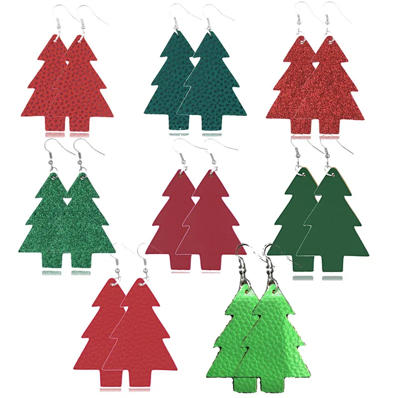

Christmas Tree Earrings Lightweight Faux Leather Earrings with Front and Back Patterned Statement Earrings Dangle Earrings for W