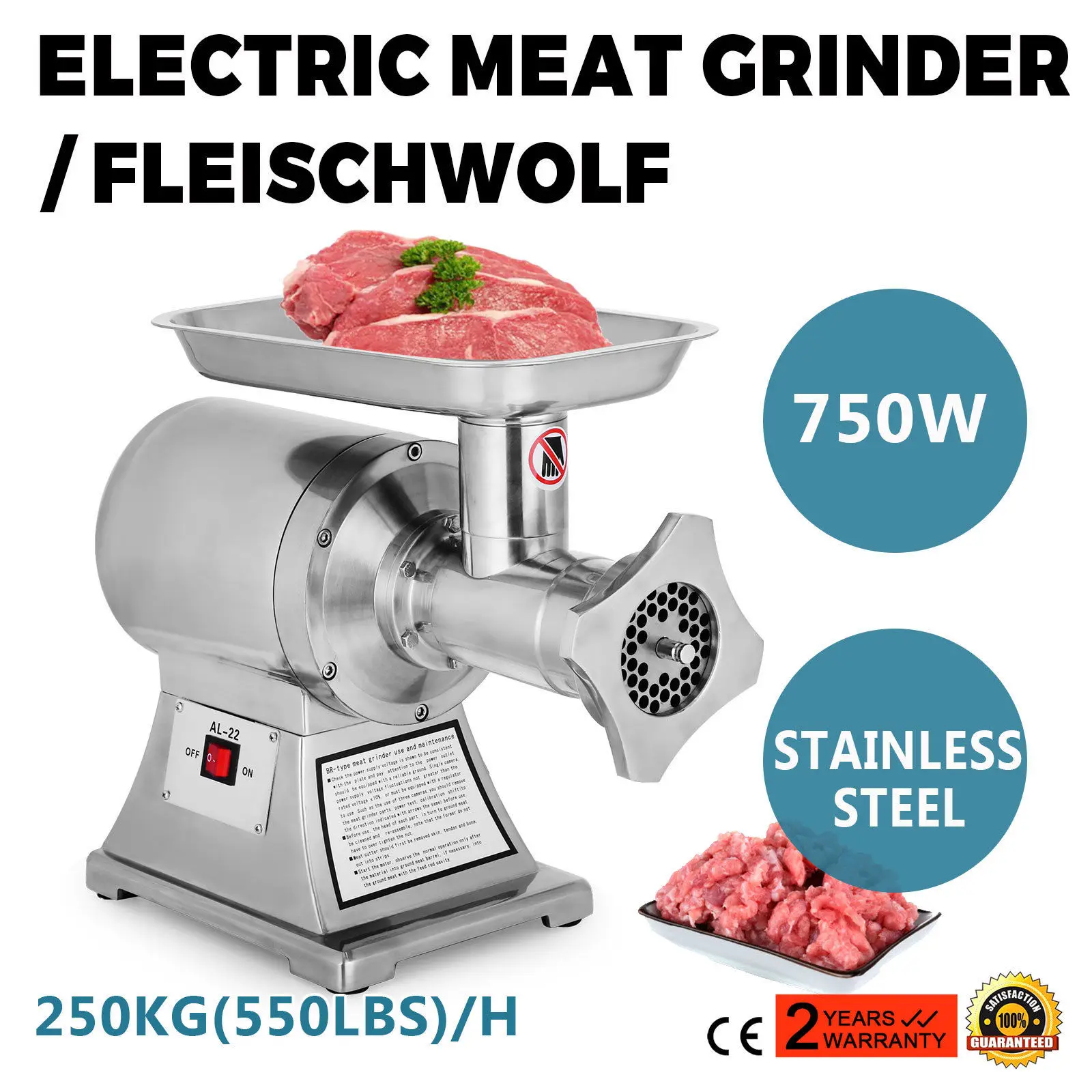 

Stainless steel electric meat grinder 750W sausage filling machine meat grinder