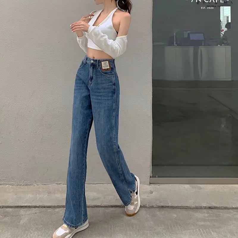 

China's new women's trousers pure color all-match high waist washed loose slit jeans straight pants in stock