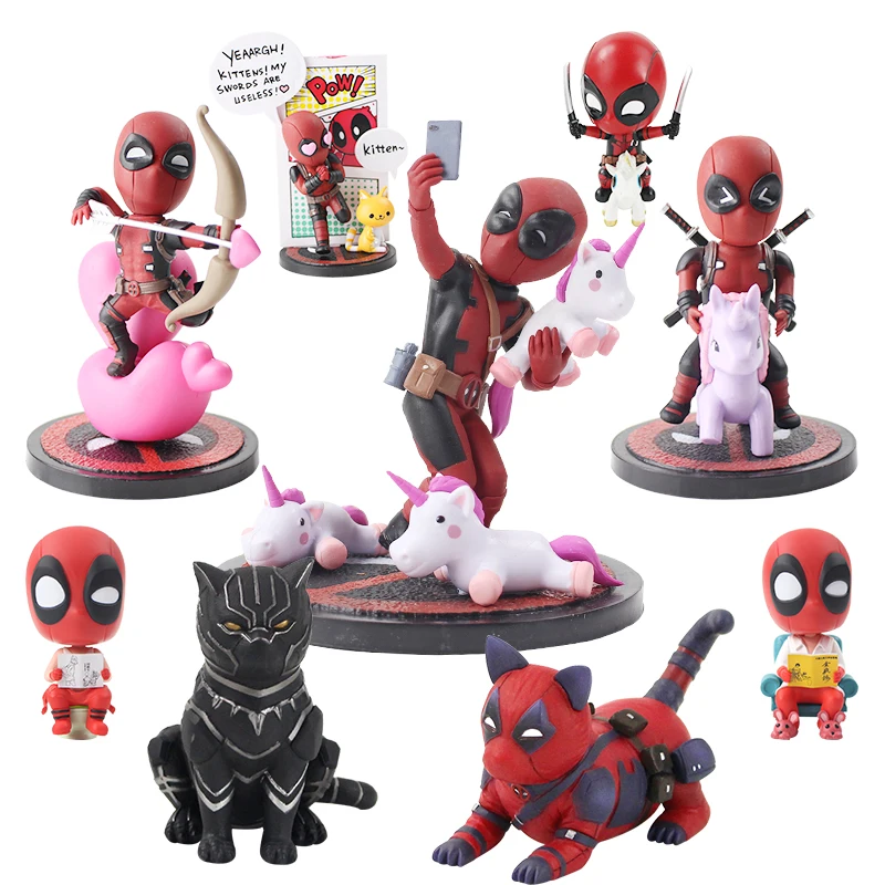 10-13cm Marvel Avengers Deadpool Funny Unicorn Unicornselfie Black Panther Cat PVC Figure Model Toys Cartoon Decoration Dolls