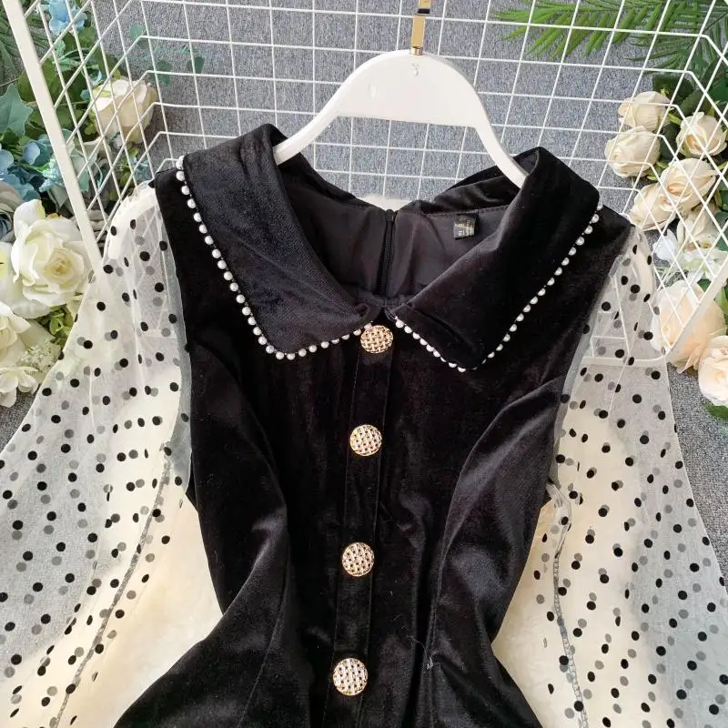 Черное платье в горошек стиле ретро сетчатые женские бусы-кукла облегающее