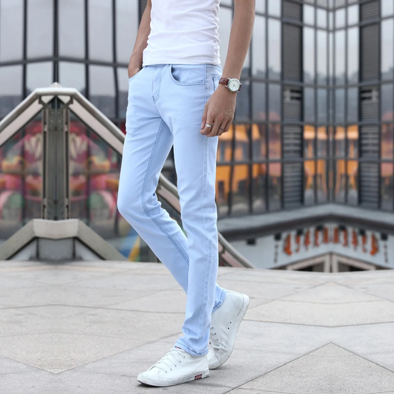 

Men Skinny Jeans New Spring Light Blue Denim Jeans Men Stretch Slim Long Jeans Pants Solid Casual Summer Jeans Size 27-36
