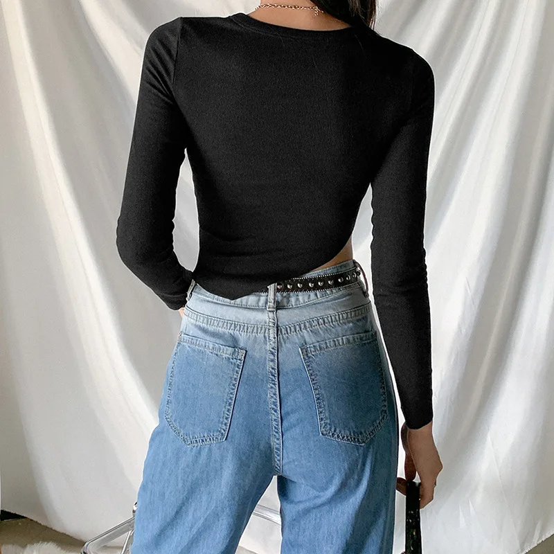 

2021 Fashion Irregular Knit Patchwork Top Sexy Cut Rib Solid Skinny Women Tshirts Summer Casual Activity Crop Tops 90s Aesthetic