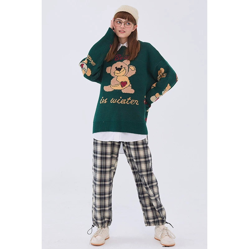 Japanese Harajuku Cute Knitted Heart Bear Sweater for Women and Men Oversized Kawaii Graphic Cartoon Pullover Jumper | Женская одежда