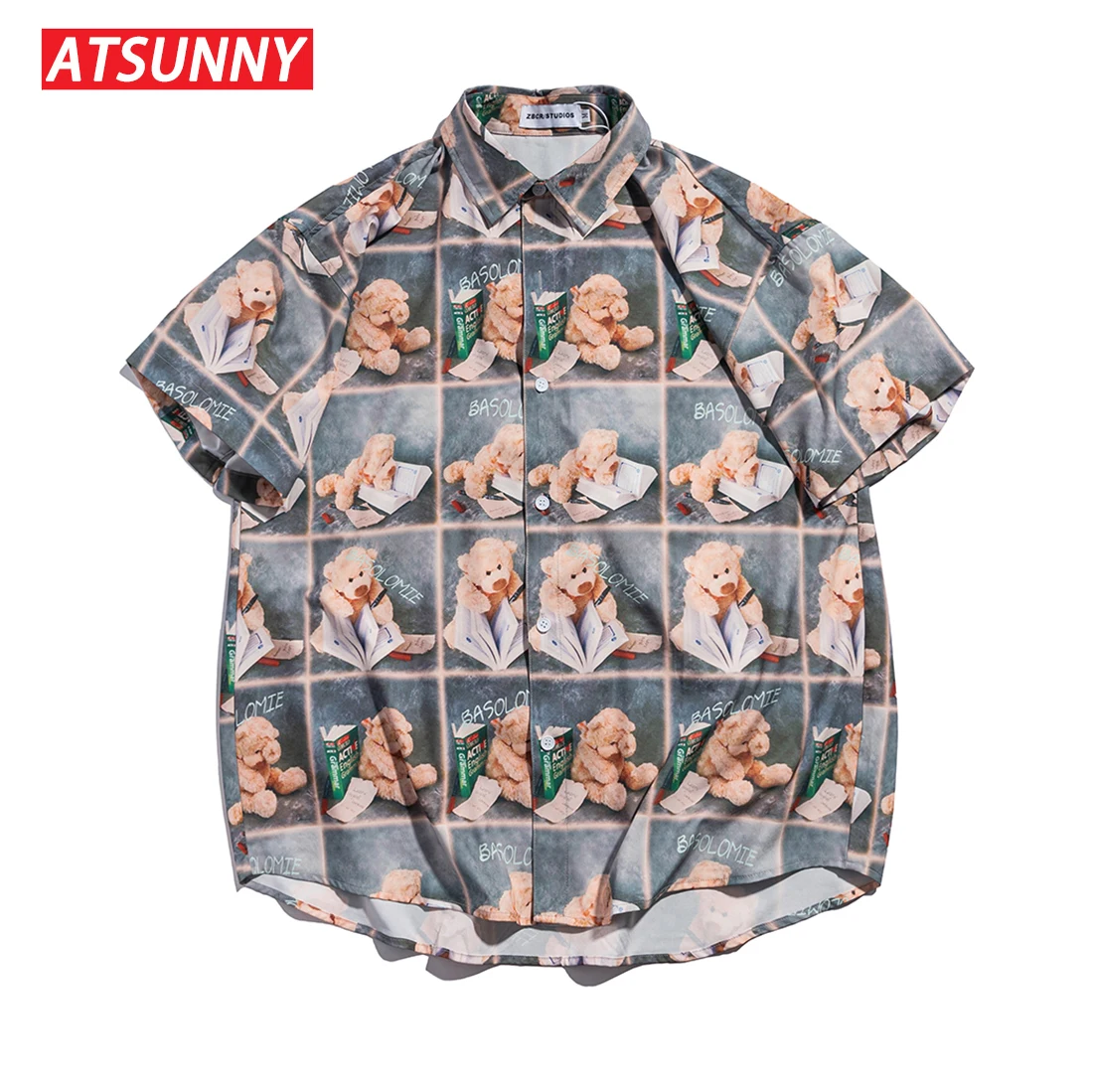 

ATSUNNY Bear Print Short Sleeve Shirt HipHop Streetwear Casual Shirt Man Summer Fashion Hawaiian Shirts Tops