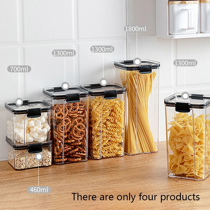 

Airtight Pantry & Kitchen Storage Containers 4 Square Plastic Food Containers with Lids(460/700/1300/1800Ml) Stackable