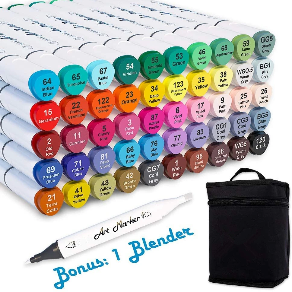 

61 Colors Dual Tip Alcohol Based Art Markers, 60 Colors + 1 Blender Permanent Marker Pens Highlighters