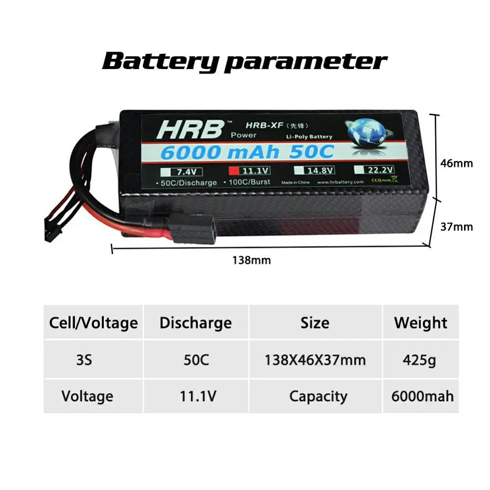 2 шт. HRB 3S Lipo аккумулятор 11 1 В 6000 мАч 50C жесткий чехол Deans для радиоуправляемых