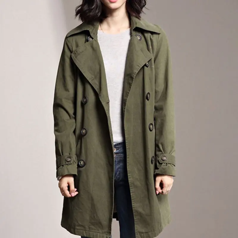 Женский двубортный плащ средней длины зеленый приталенный с поясом Повседневная