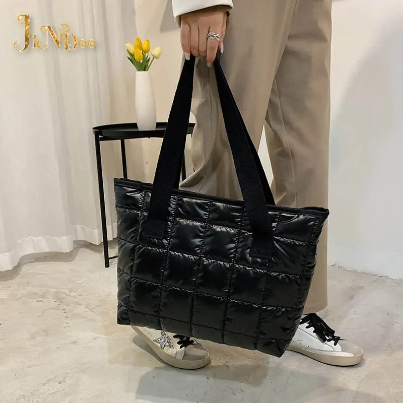 2021 new cotton tote handbags fashion winter quilted travel shoulder bags for women large capacity waterproof shopping purses free global shipping