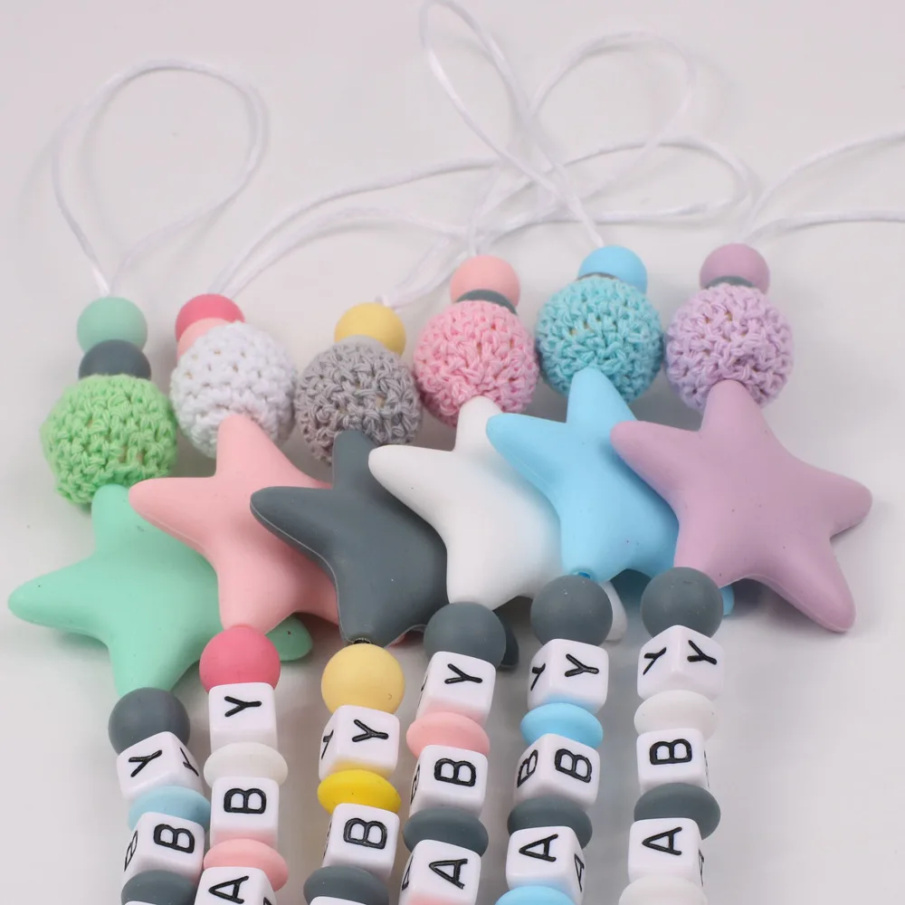 

New Baby Personalized Name Handmade Pacifier Clips Holder Chain Silicone Pacifier Chains Five Stars Teether Teething Chains Gift