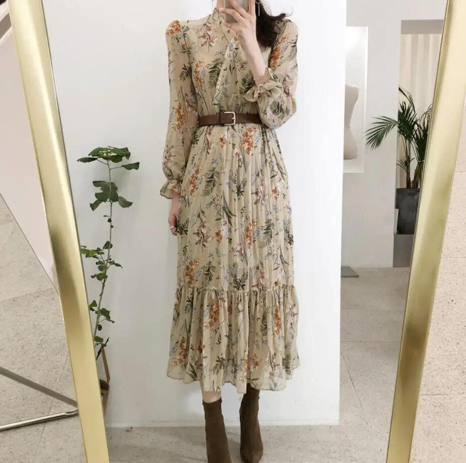 

2020 new spring French retro printed floral chiffon dress female V-neck Slim waist was thin mid-length dress r449