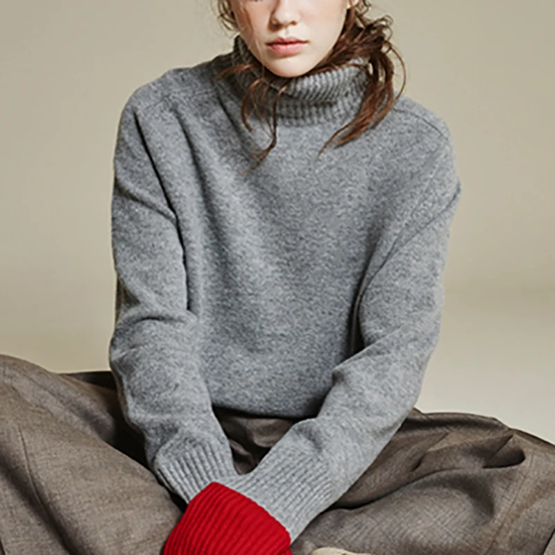 

Женский свитер в ленивом стиле, свободный кашемировый плотный свитер большого размера с высоким воротником, пуловер на осень и зиму, вязаная блузка