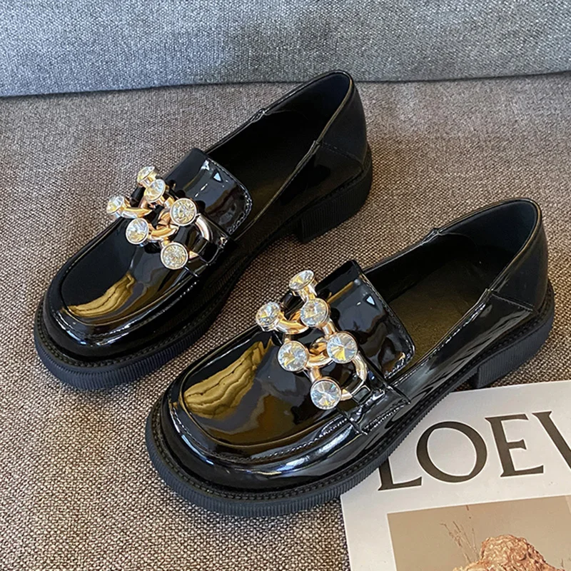 

Туфли Rimocy женские с цепочкой и кристаллами, лакированная кожа, квадратный каблук, лоферы, обувь на платформе в британском стиле, черные